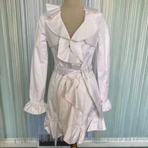 Rare Bebe White Satin Ruffle Trench Coat Jacket NWT Size XS